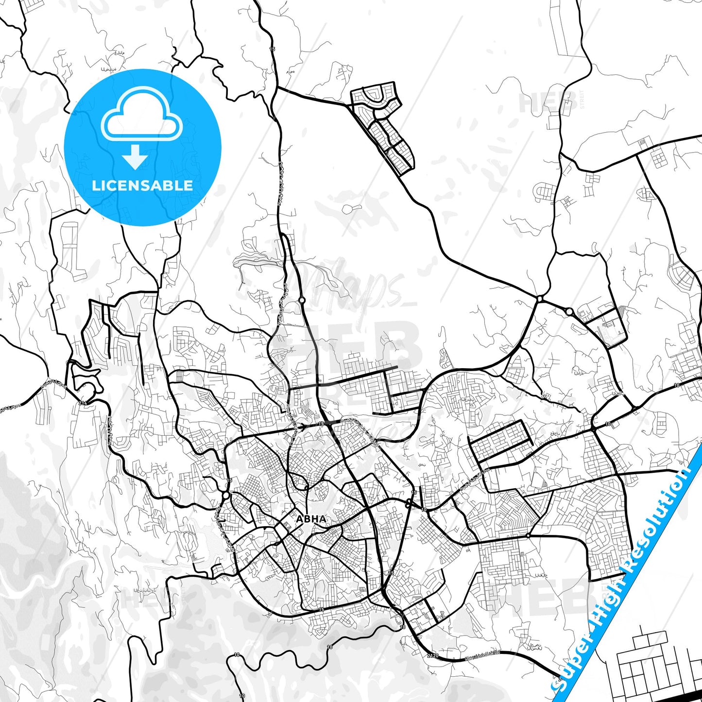 Abha, Saudi Arabia Light Map with Street Names, City Names, and Districts