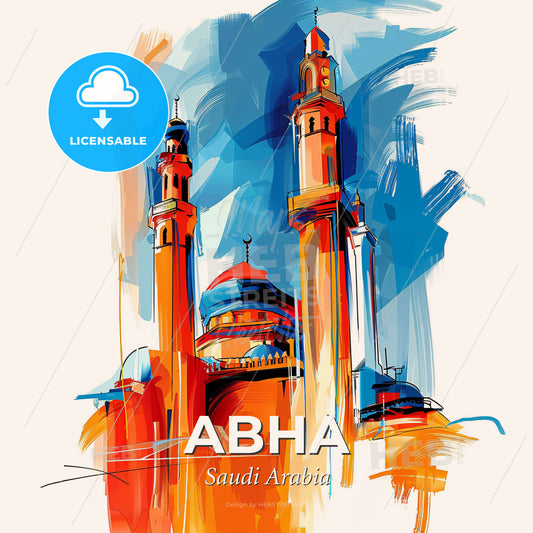 Vibrant Abha, Saudi Arabia - A Painting Of A Building With Towers - Square format print template