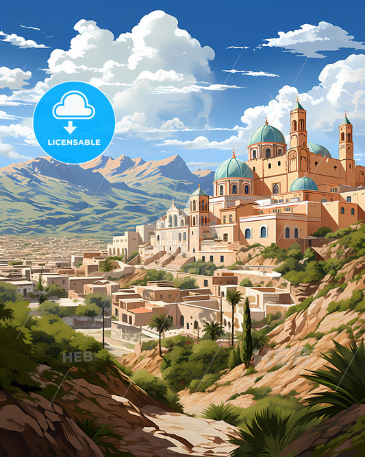 Artistic Skyline of Abha Saudi Arabia, Vibrant Painted Cityscape Featuring Blue Dome and Hilltop Architecture