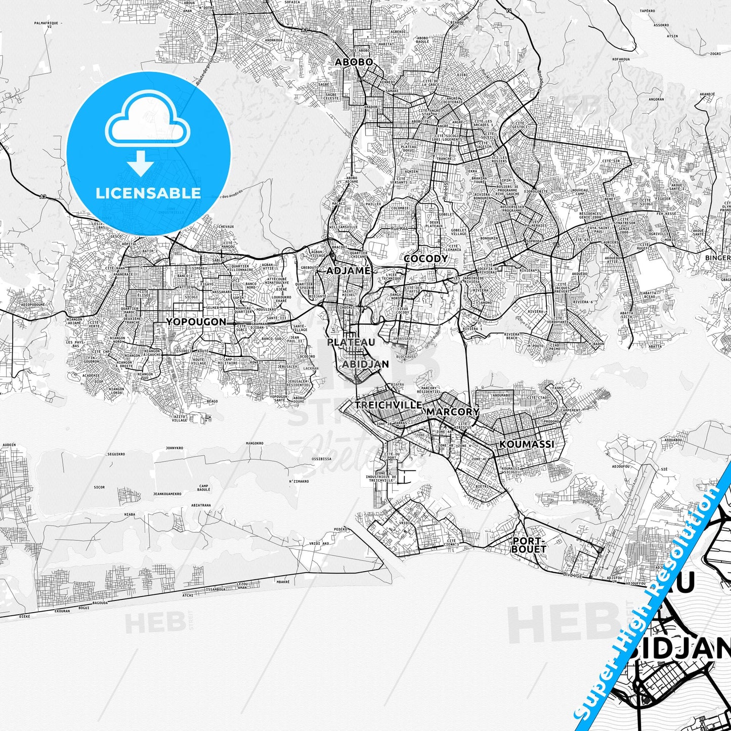 Abidjan, Ivory Coast light map with streetnames, citynames and districts