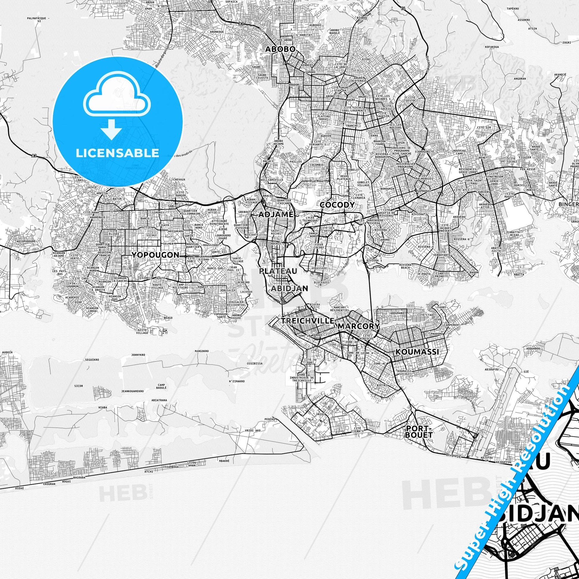 Abidjan, Ivory Coast light map with streetnames, citynames and districts