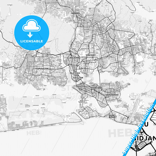 Abidjan, Ivory Coast light map with streetnames, citynames and districts