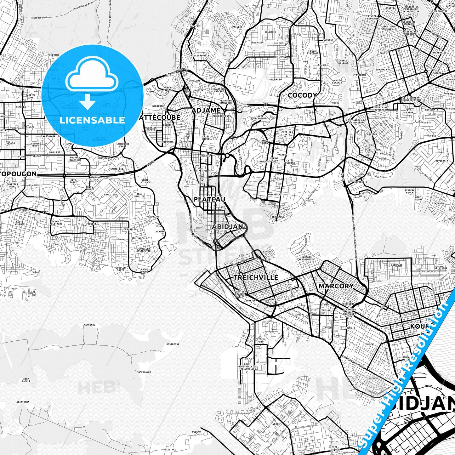 Abidjan, Ivory Coast Light Map with Street Names, City Names, and Districts