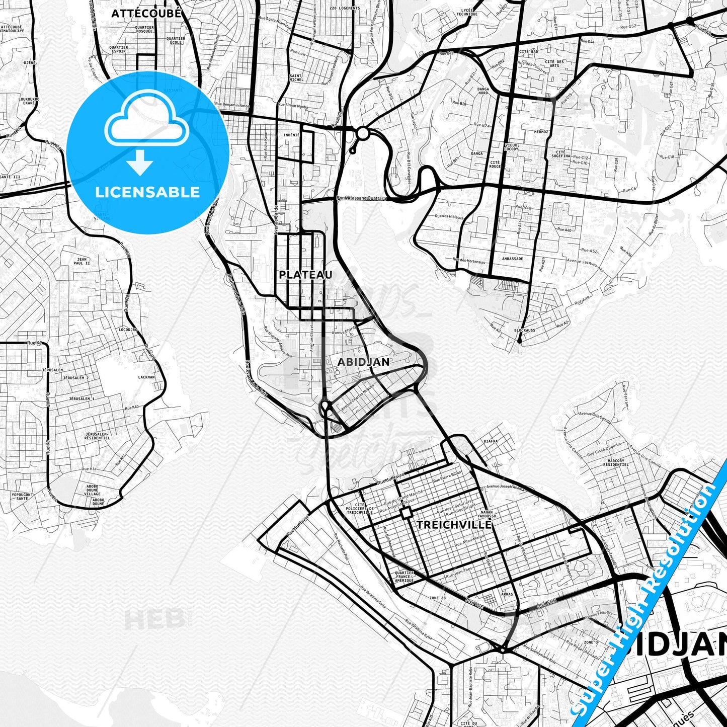 Abidjan, Ivory Coast Light Map with Street Names, City Names, and Districts