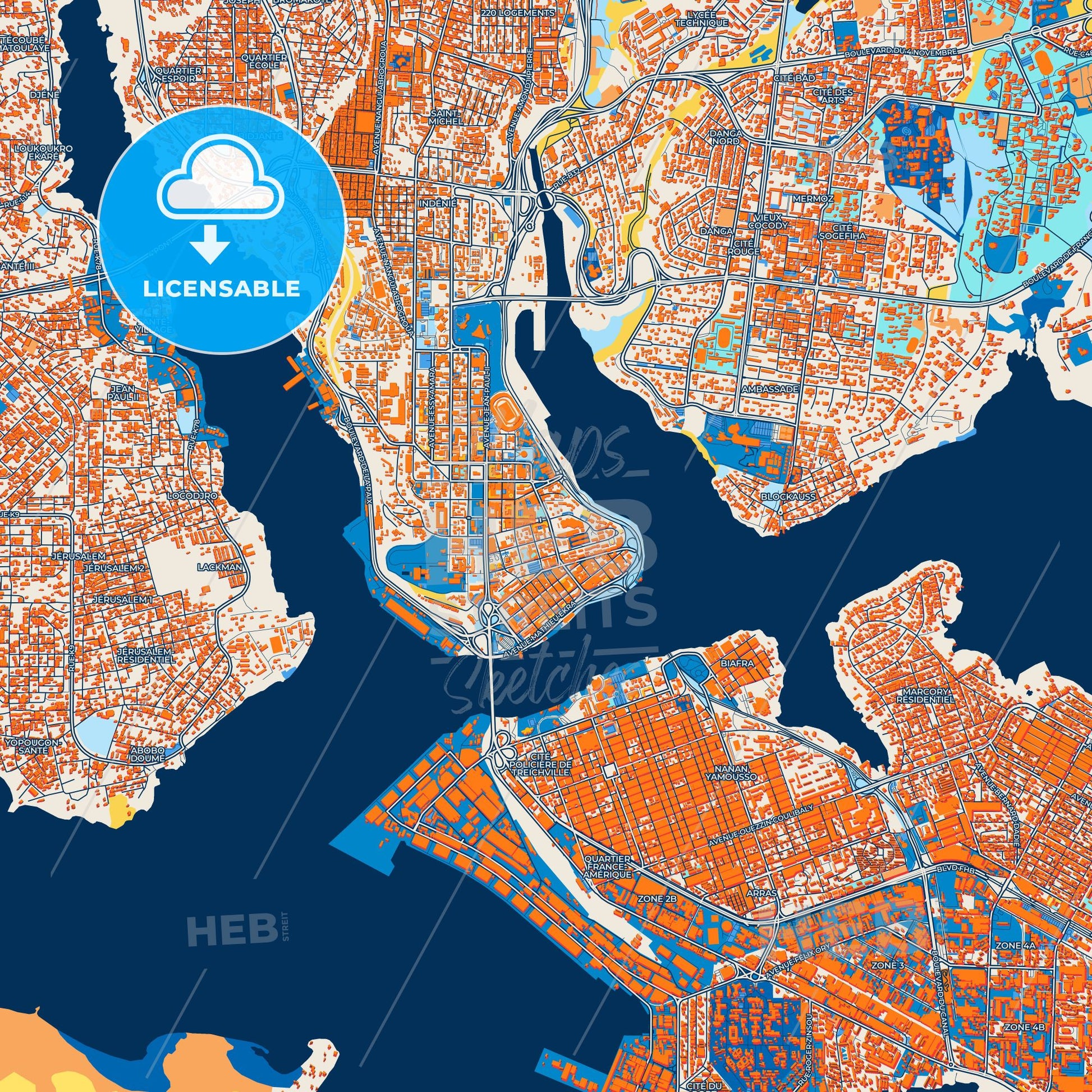 Colorful Abidjan Street Map with Labels and Buildings