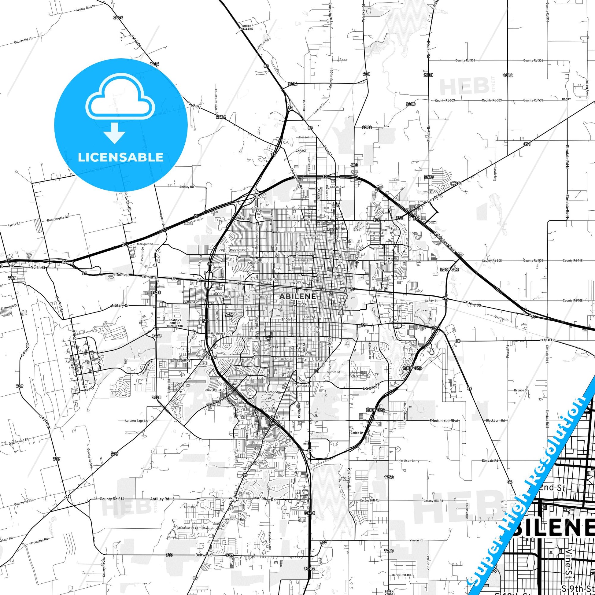 Abilene, Texas light map with streetnames, citynames and districts
