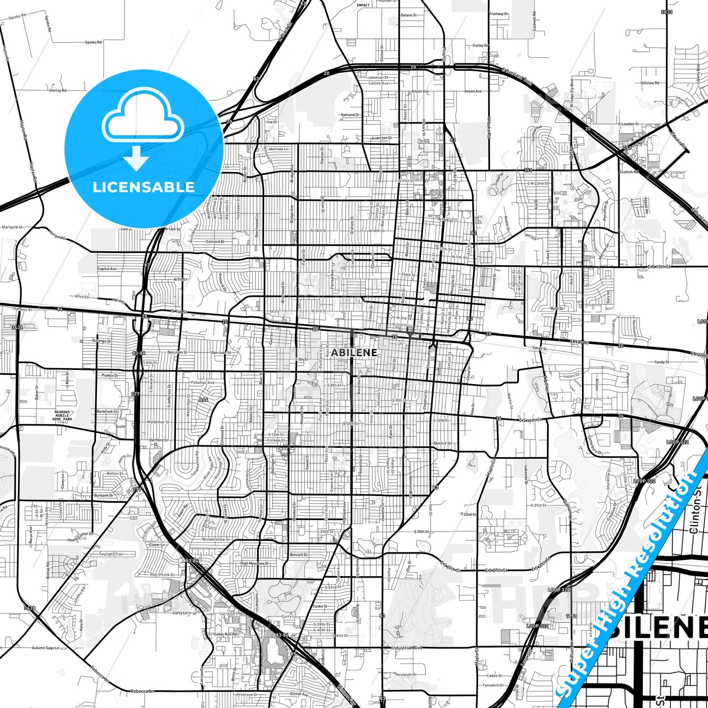 Abilene, Texas Light Map with Street Names, City Names, and Districts