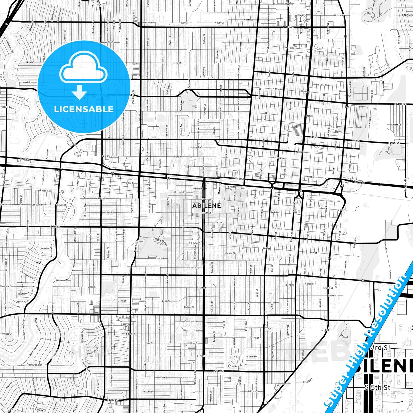 Abilene, Texas Light Map with Street Names, City Names, and Districts
