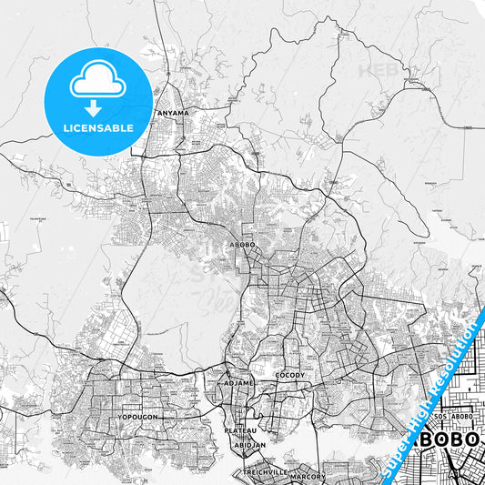 Abobo, Ivory Coast light map with streetnames, citynames and districts