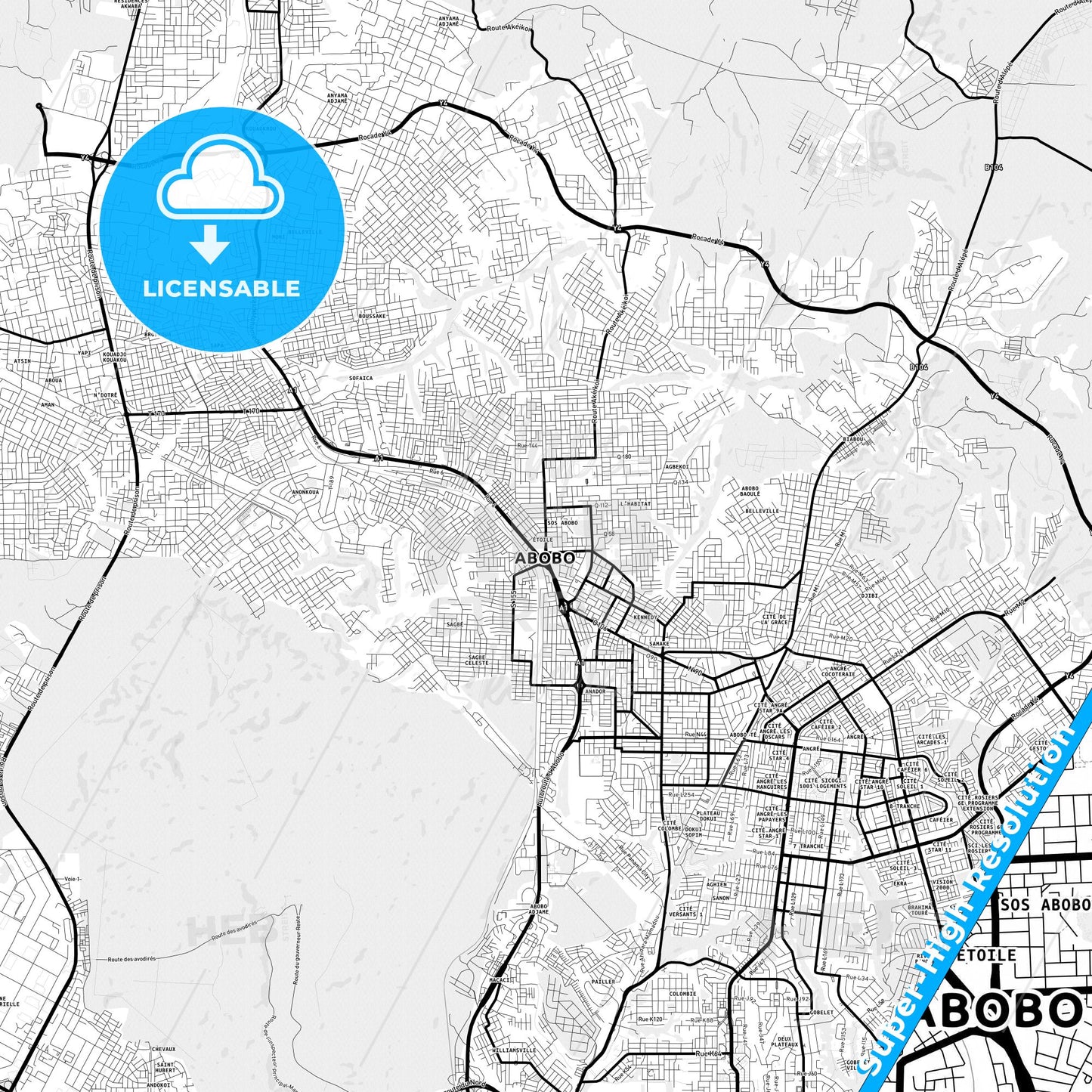 Abobo, Ivory Coast Light Map with Street Names, City Names, and Districts