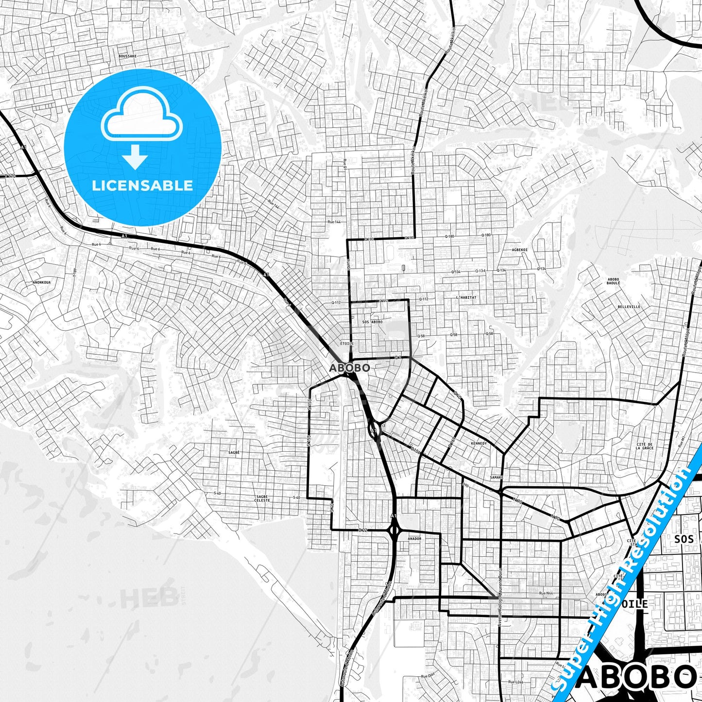 Abobo, Ivory Coast Light Map with Street Names, City Names, and Districts