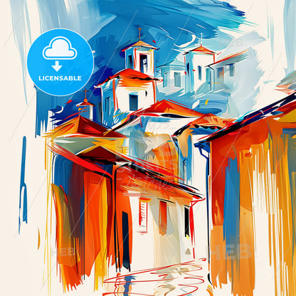 Vibrant Abobo, Ivory Coast - A Painting Of Buildings And A Road