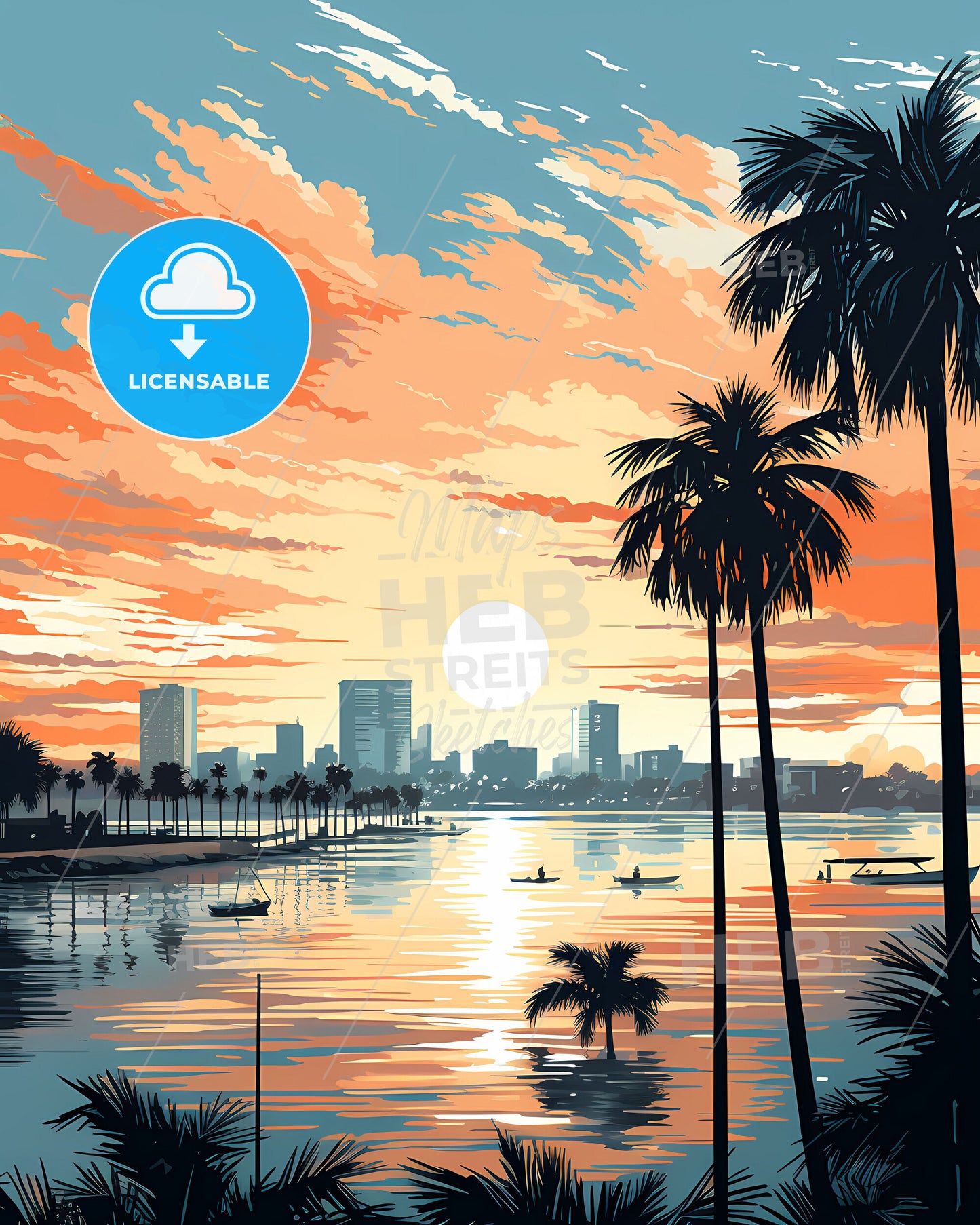 Artistic Painting of Abobo Ivory Coast City Skyline at Sunset