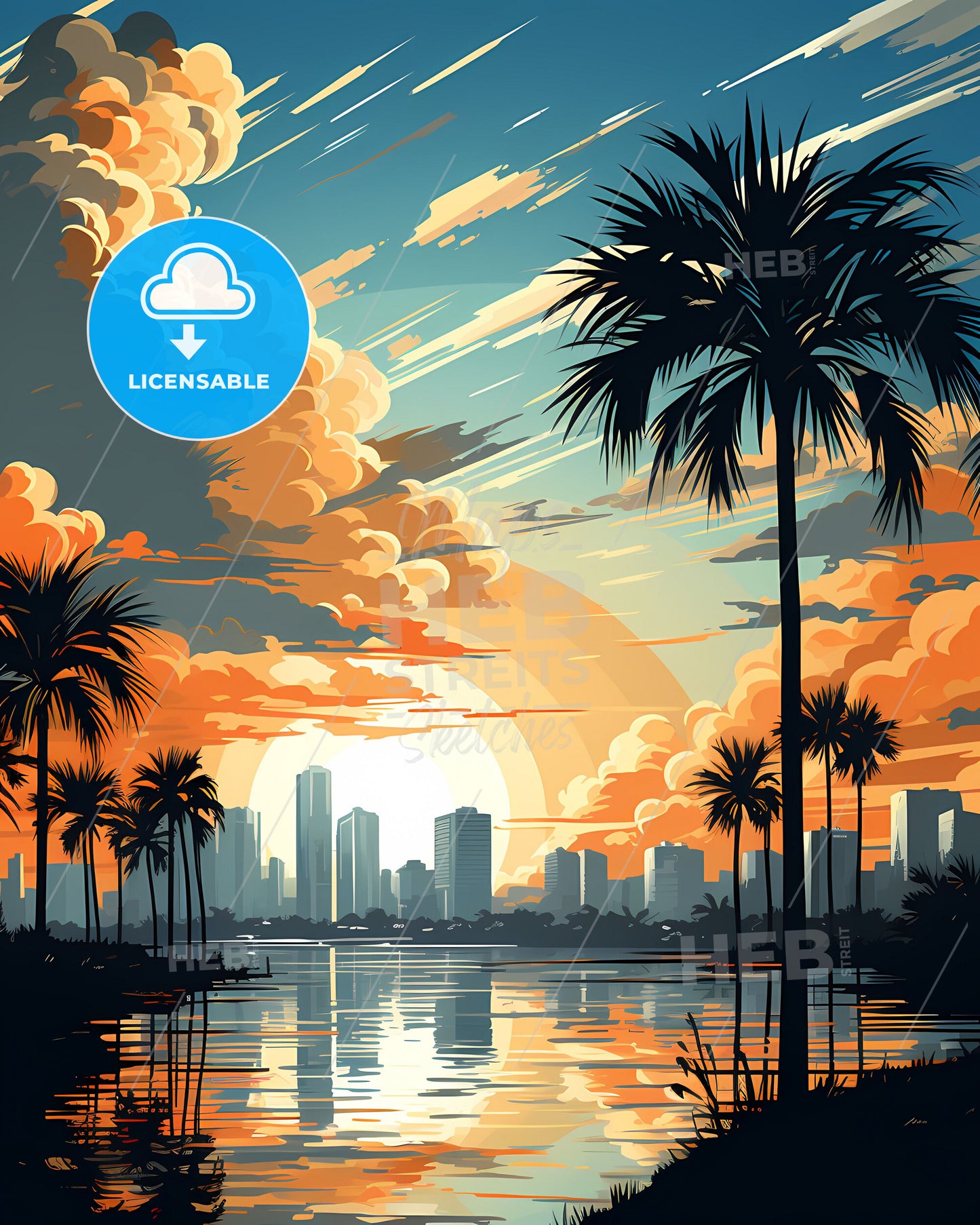 Vibrant Sunset Cityscape Painting: Ivory Coast Skyline at Dusk