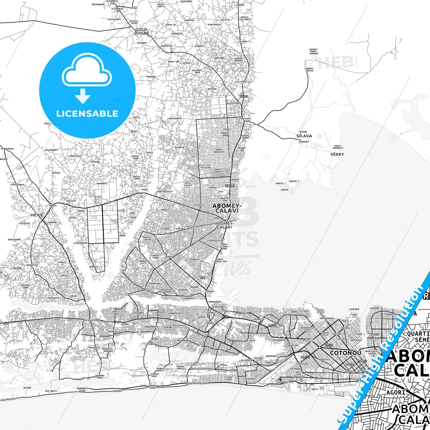 Abomey-Calavi, Benin light map with streetnames, citynames and districts