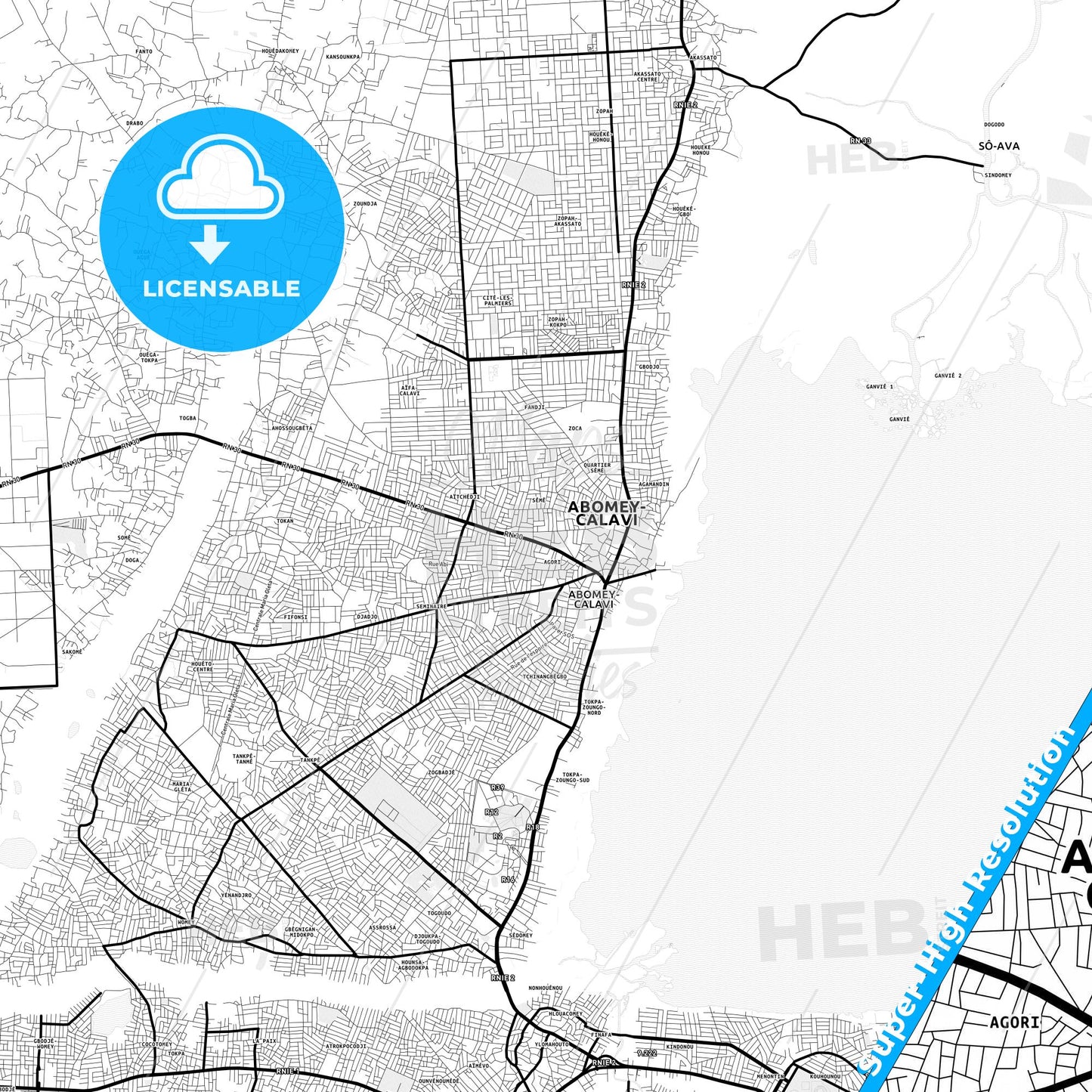 Abomey-Calavi, Benin Light Map with Street Names, City Names, and Districts