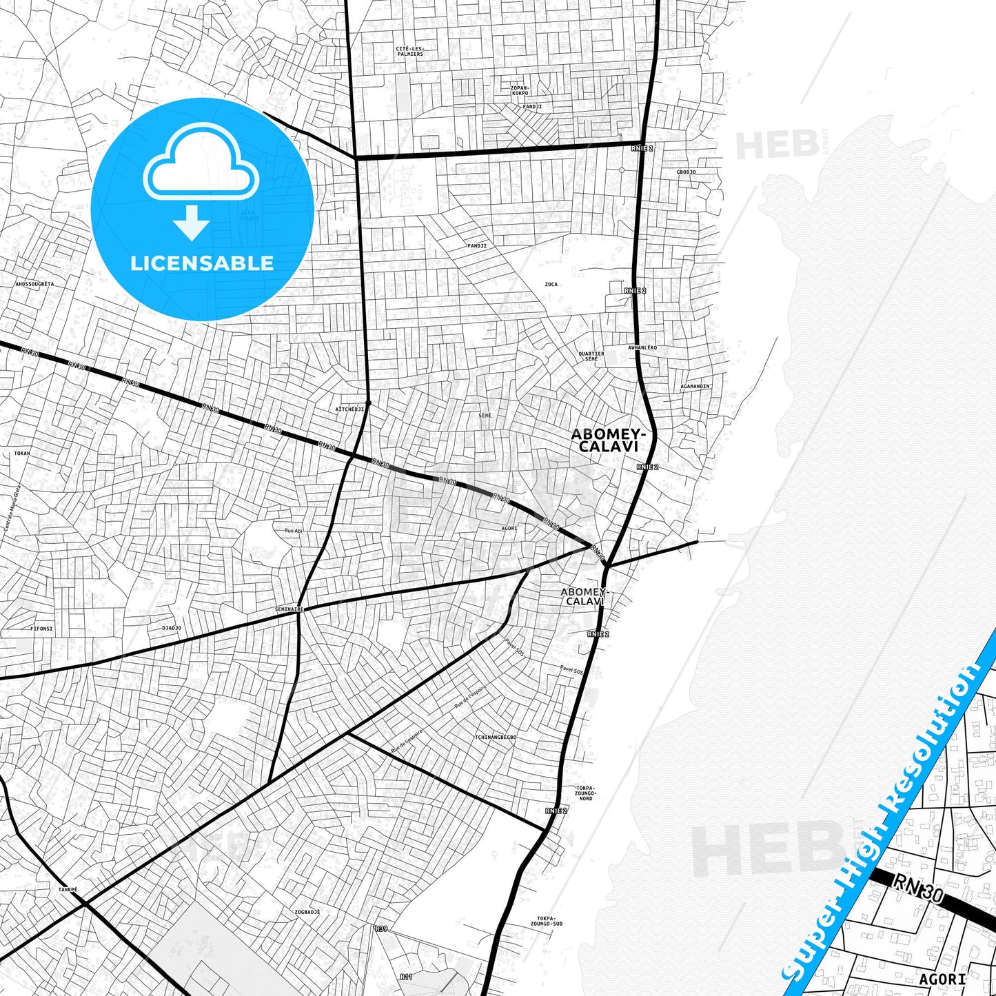 Abomey-Calavi, Benin Light Map with Street Names, City Names, and Districts