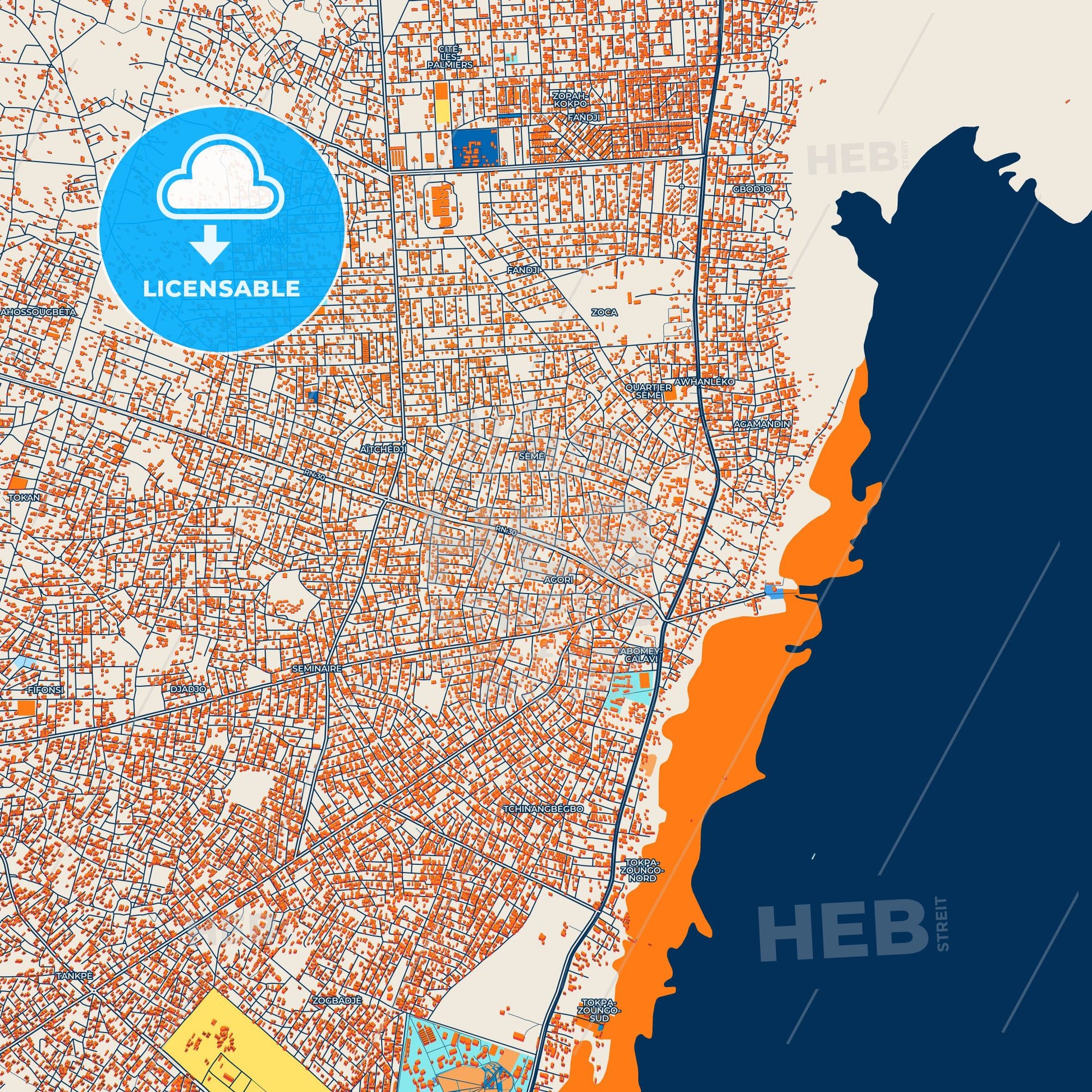 Colorful Abomey-Calavi Street Map with Labels and Buildings