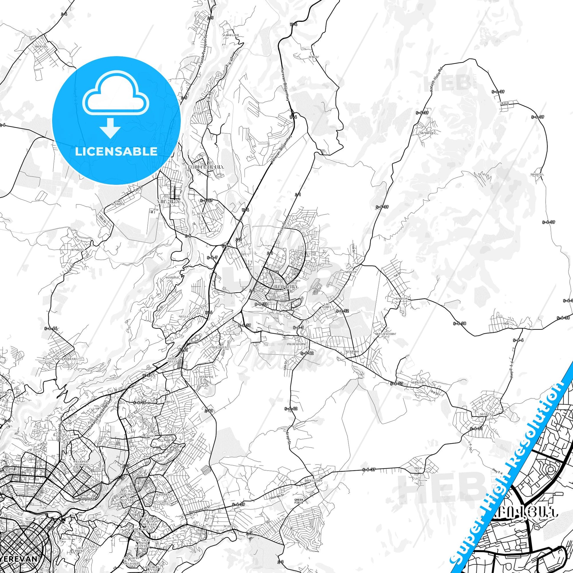 Abovyan, Armenia light map with streetnames, citynames and districts