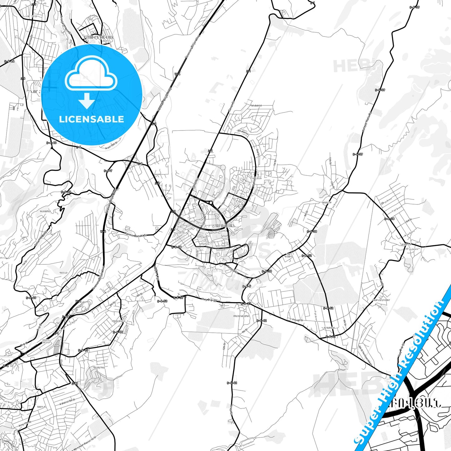 Abovyan, Armenia Light Map with Street Names, City Names, and Districts