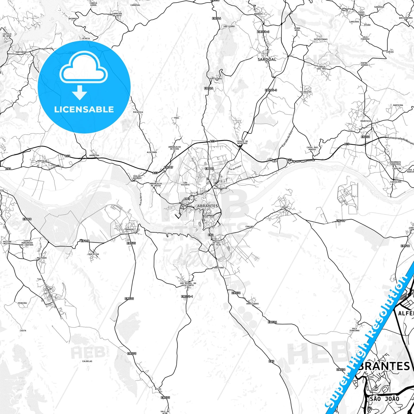 Abrantes, Portugal light map with streetnames, citynames and districts