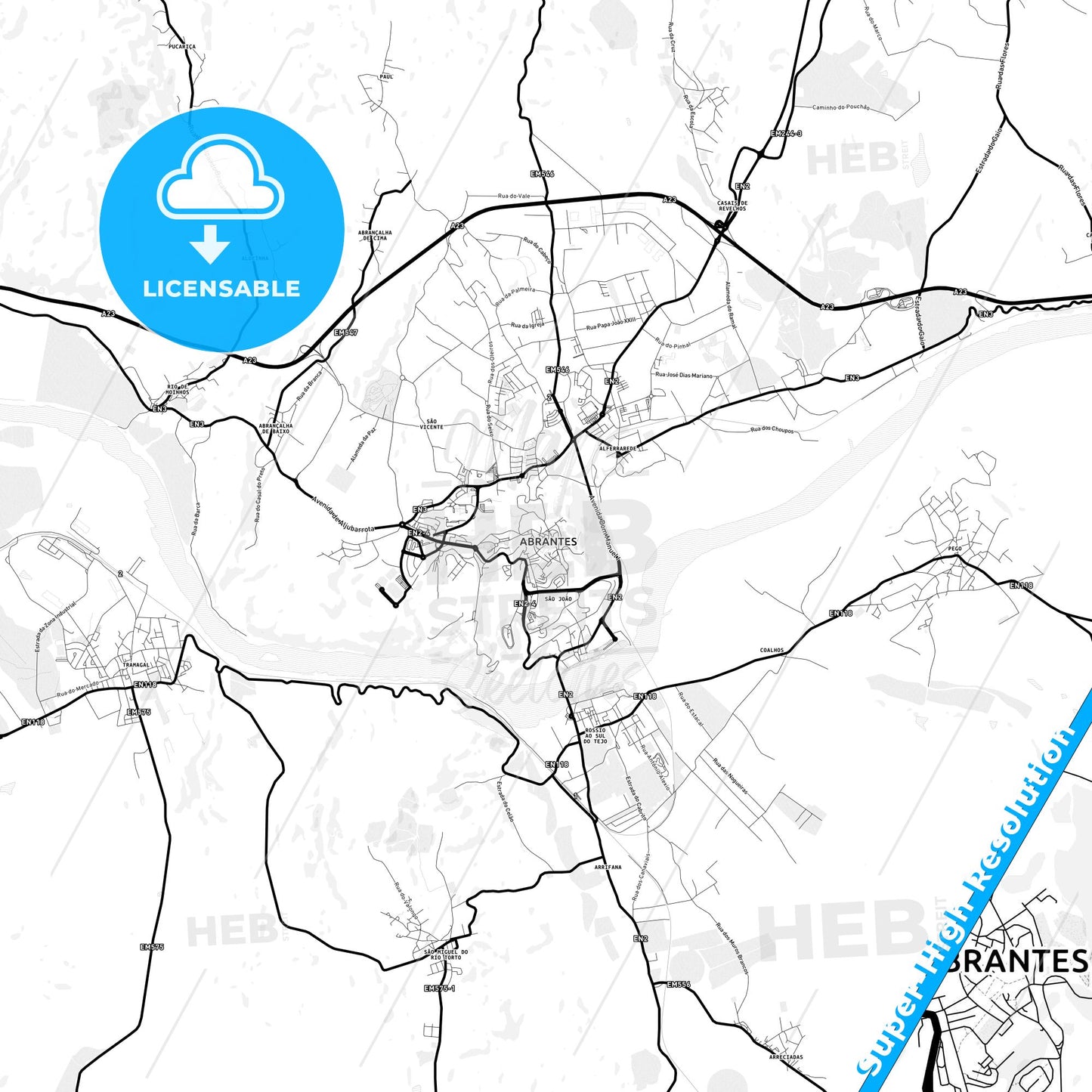 Abrantes, Portugal Light Map with Street Names, City Names, and Districts