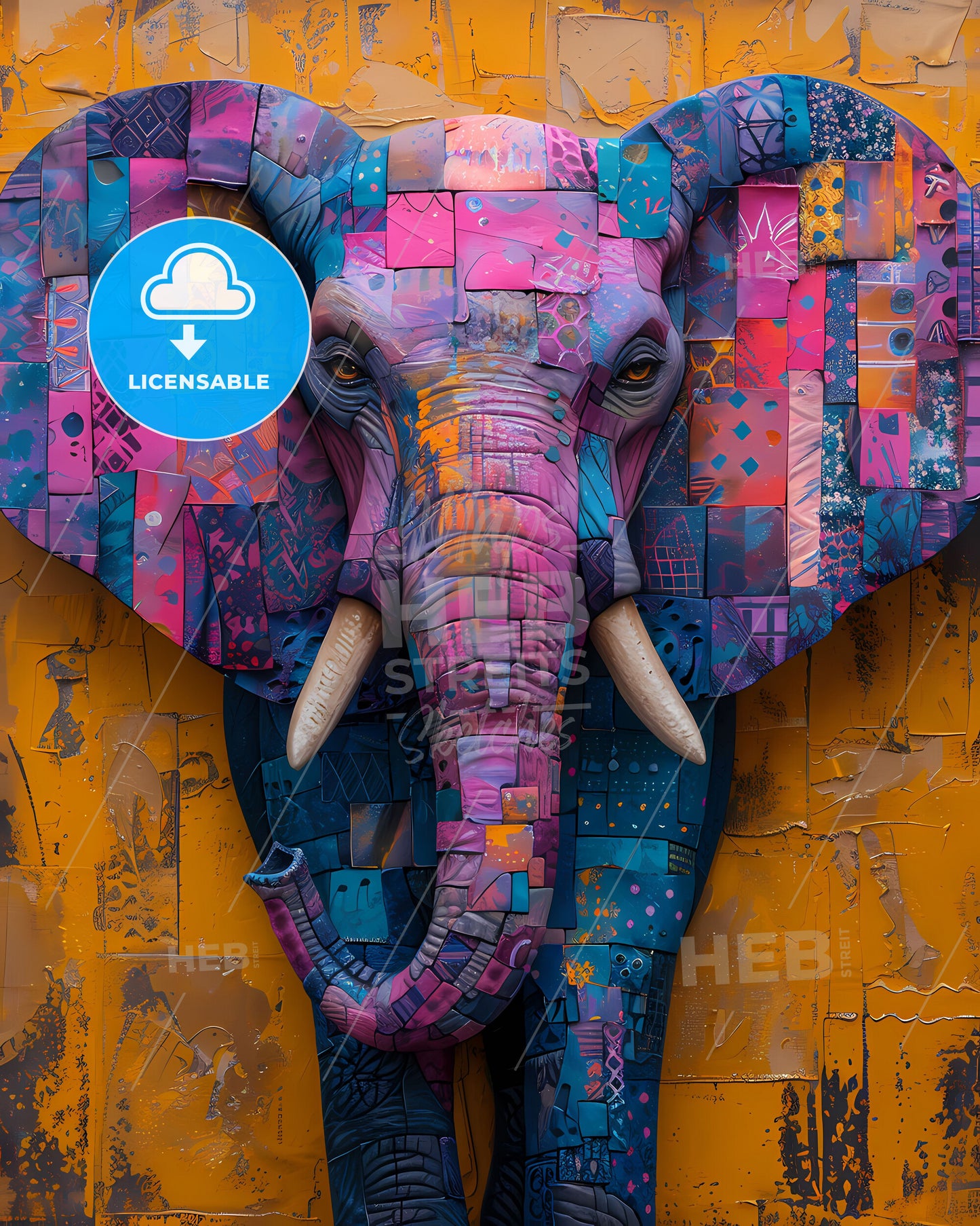 Abstract African Art: Vibrant Elephant Canvas Painting with Pastel Hues and Savannah Patterns