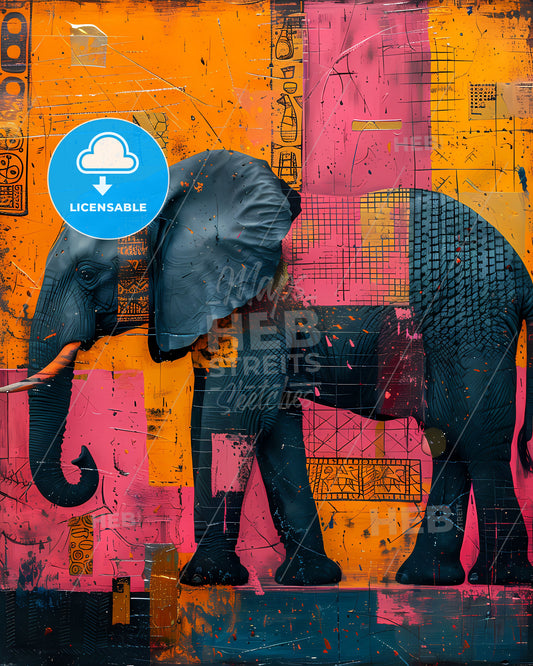Abstract African Painting with Vibrant Elephants, Pastel Colors, and Savannah Patterns