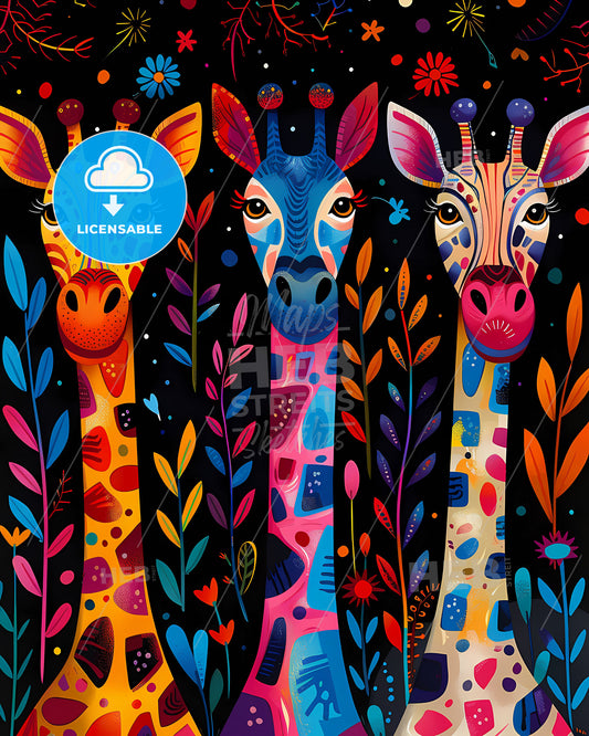 Abstract African Art, Savanna Giraffes, Zebra Patterns, Pastel Colors, Artistic Nature Painting