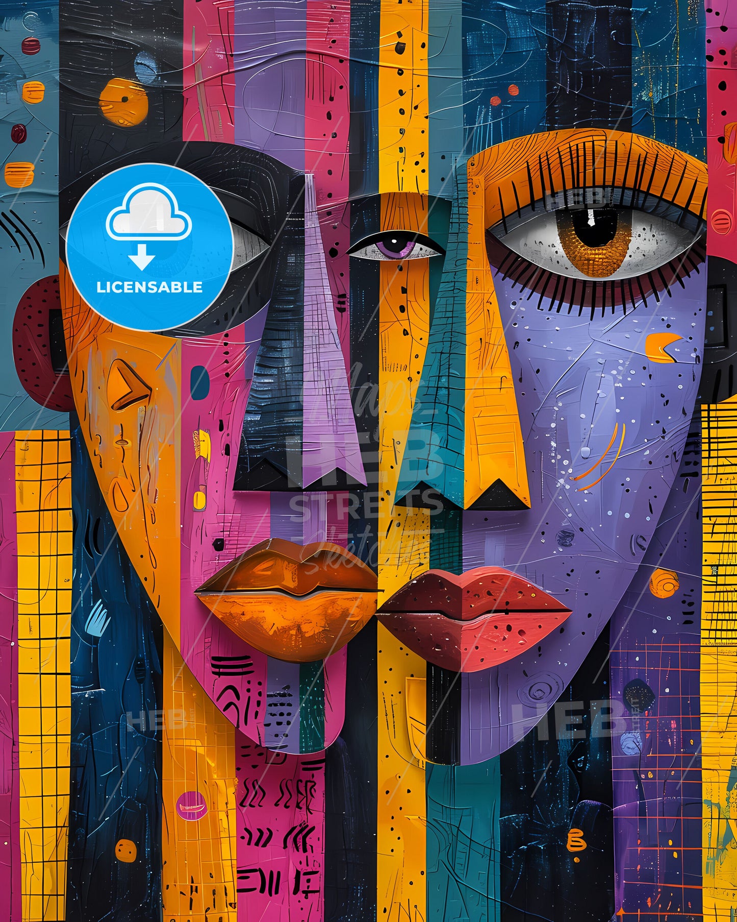 Modern African Art: Vibrant Pastel Colorful Face Painting with Human Shapes and Urban Patterns