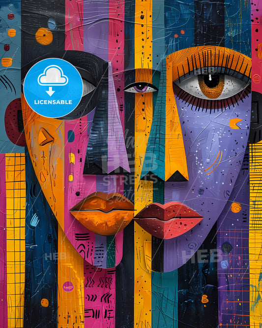 Modern African Art: Vibrant Pastel Colorful Face Painting with Human Shapes and Urban Patterns