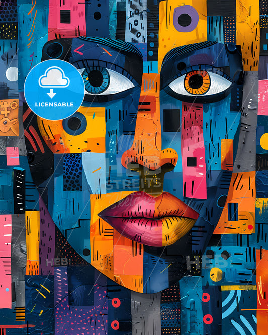 Vibrant Pastel African Art: Colorful Face on Urban Wall Featuring Abstract Patterns and Human Forms
