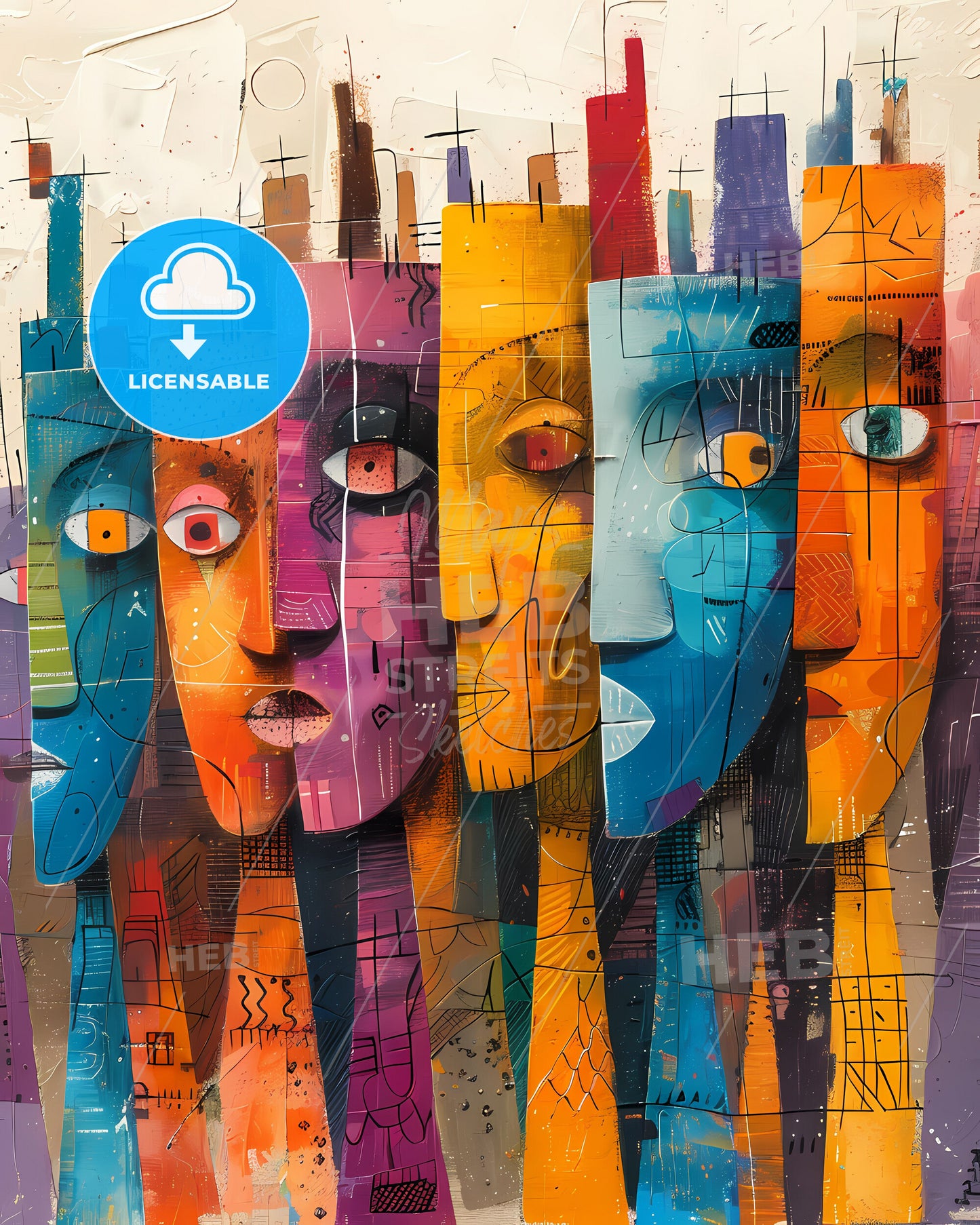 Abstract African Art: Vibrant Pastel Faces in Modern Urban Style, Featuring Human Shapes and Patterns