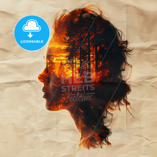 Abstract Art: Or Is It Just Upside Down? - A womans face with a fire and trees