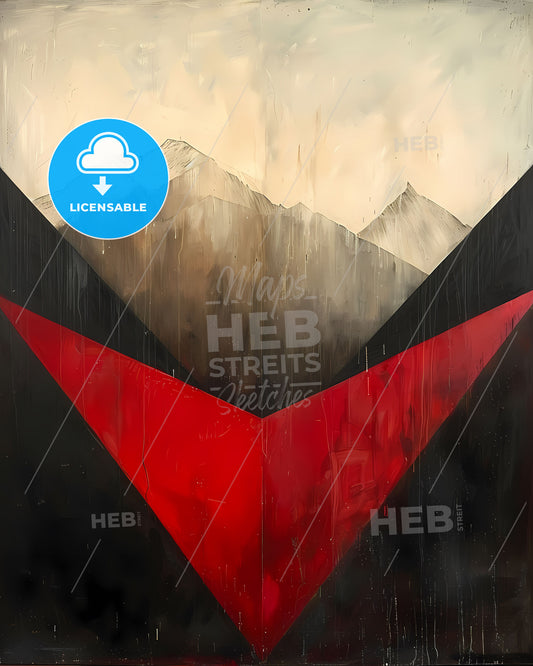 Modern abstract art painting, geometric shapes, black, white, and red colors, mountains, triangle