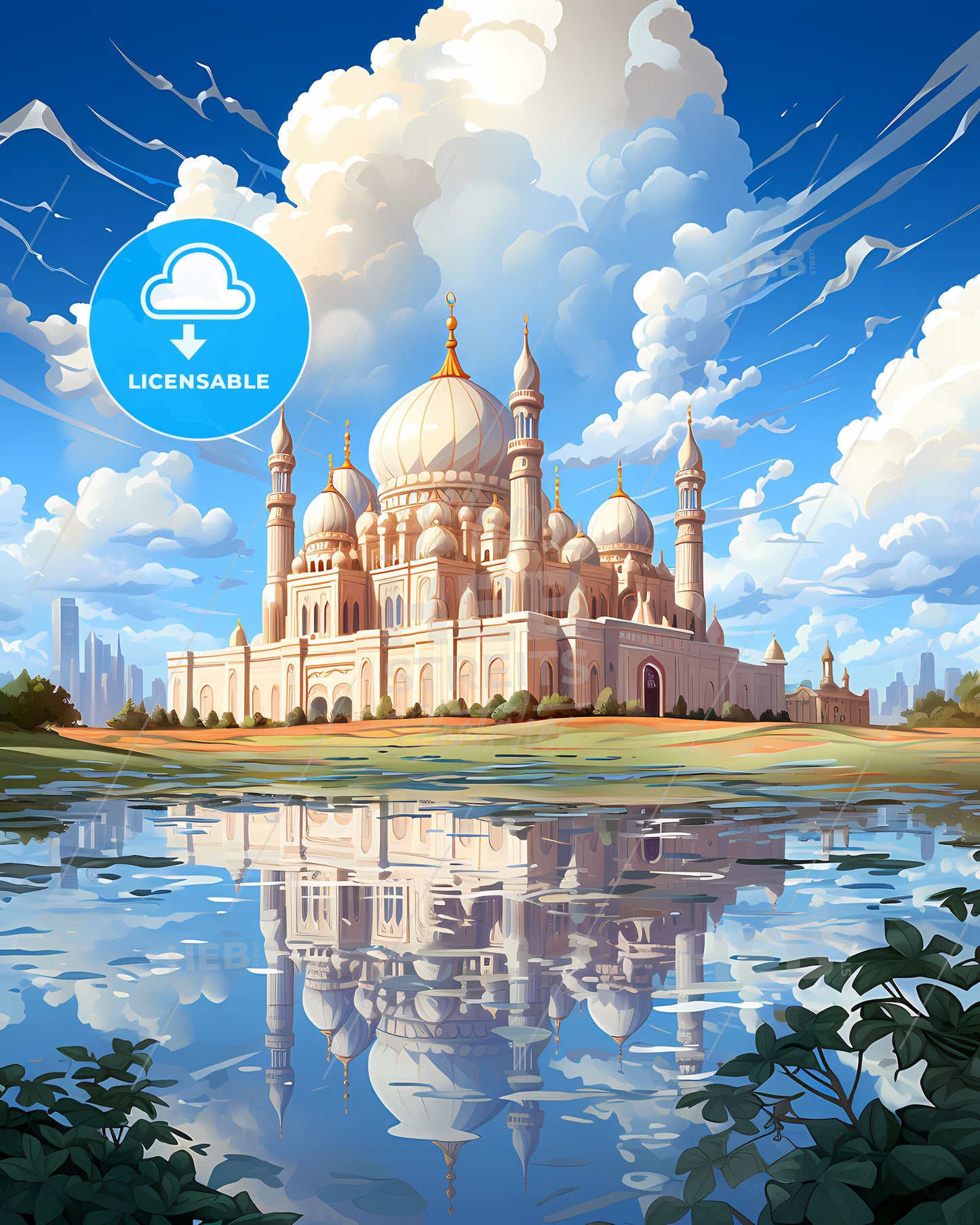 Abu Dhabi Cityscape Painting: Vibrant Skyline with Domed Building and Reflective Pond