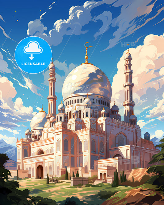 Vibrant Painting of Abu Dhabi Skyline Featuring Domes and Tower