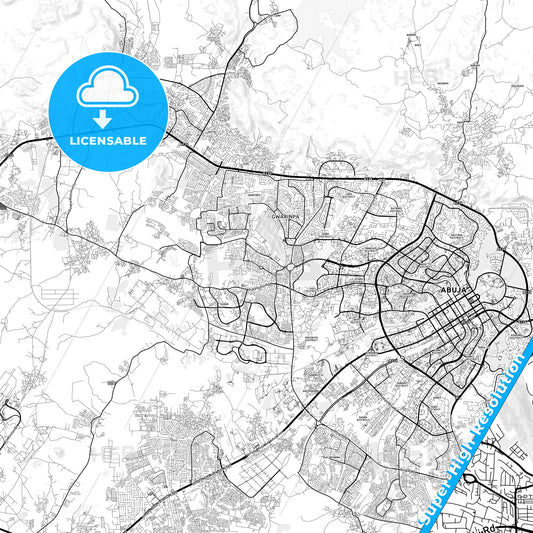 Abuja, Nigeria light map with streetnames, citynames and districts