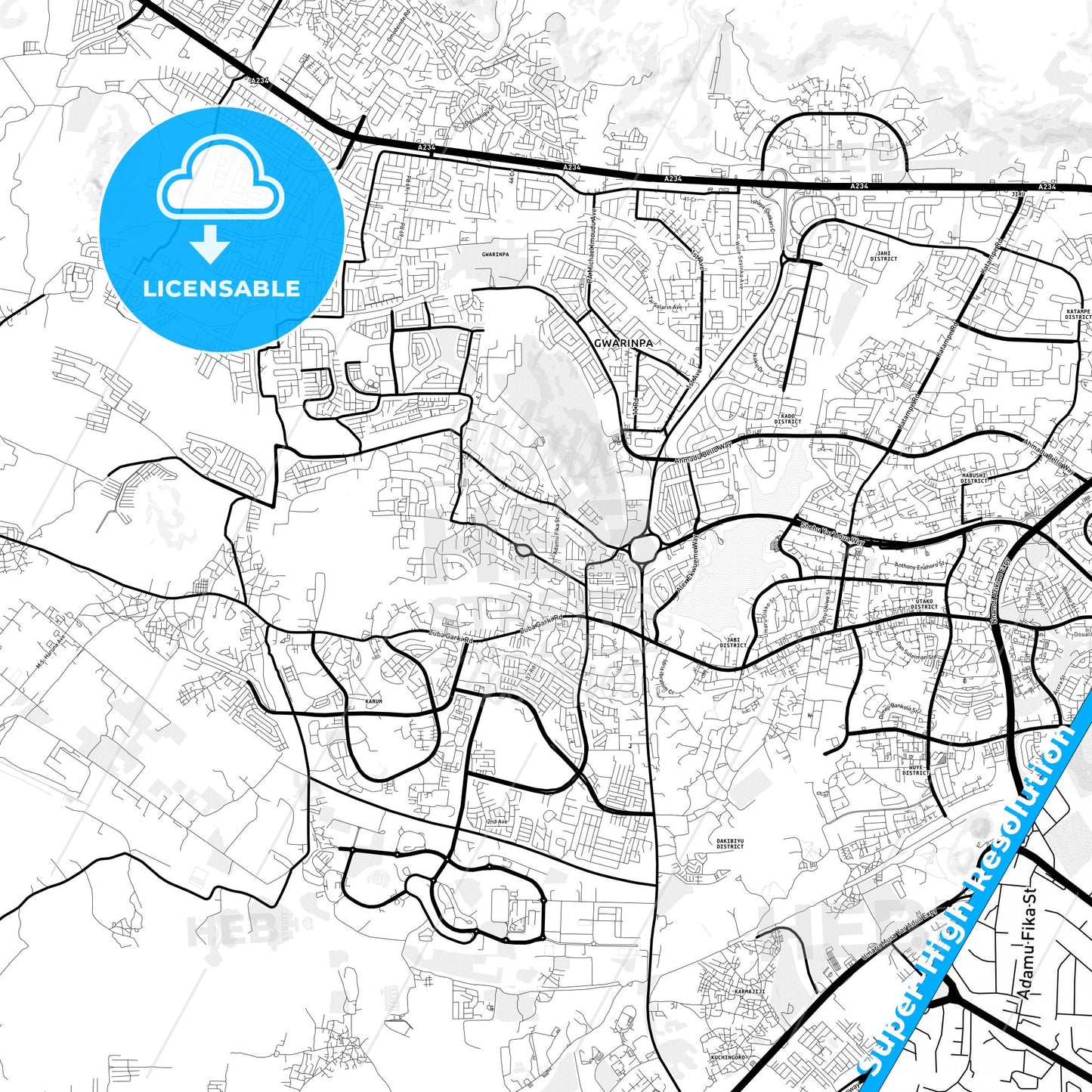 Abuja, Nigeria Light Map with Street Names, City Names, and Districts