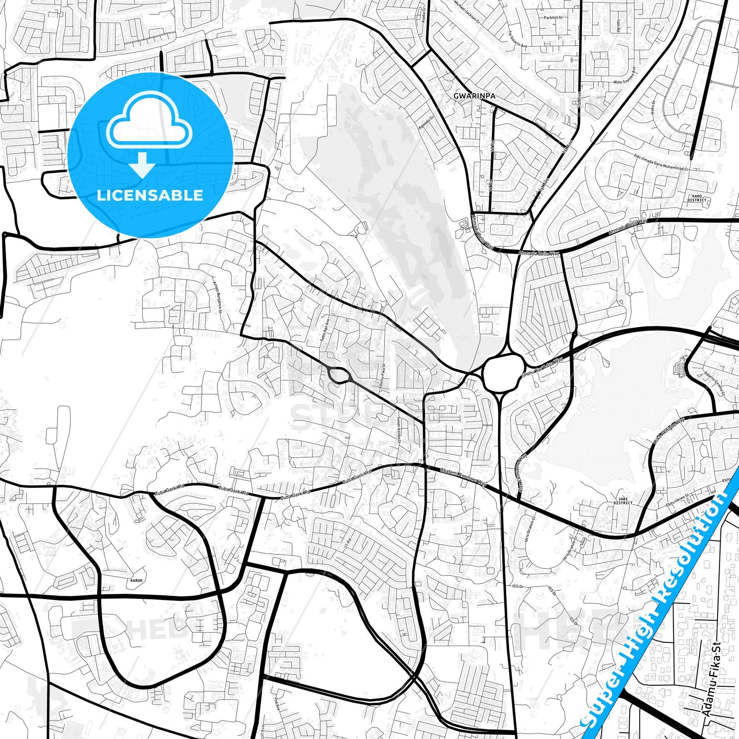 Abuja, Nigeria Light Map with Street Names, City Names, and Districts