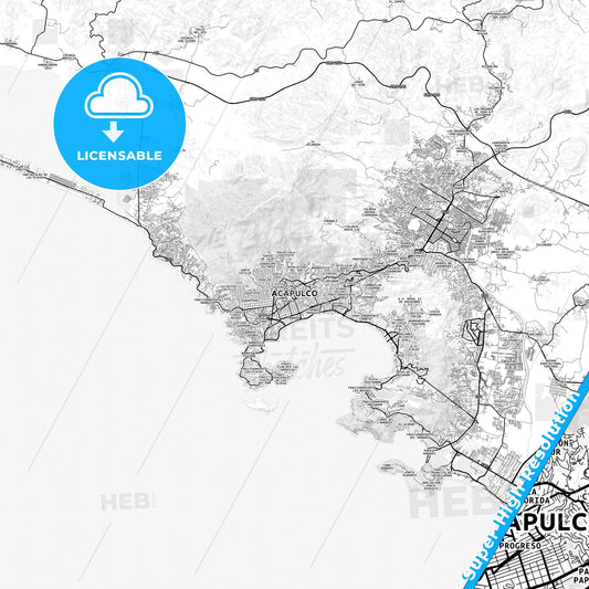 Acapulco, Mexico light map with streetnames, citynames and districts