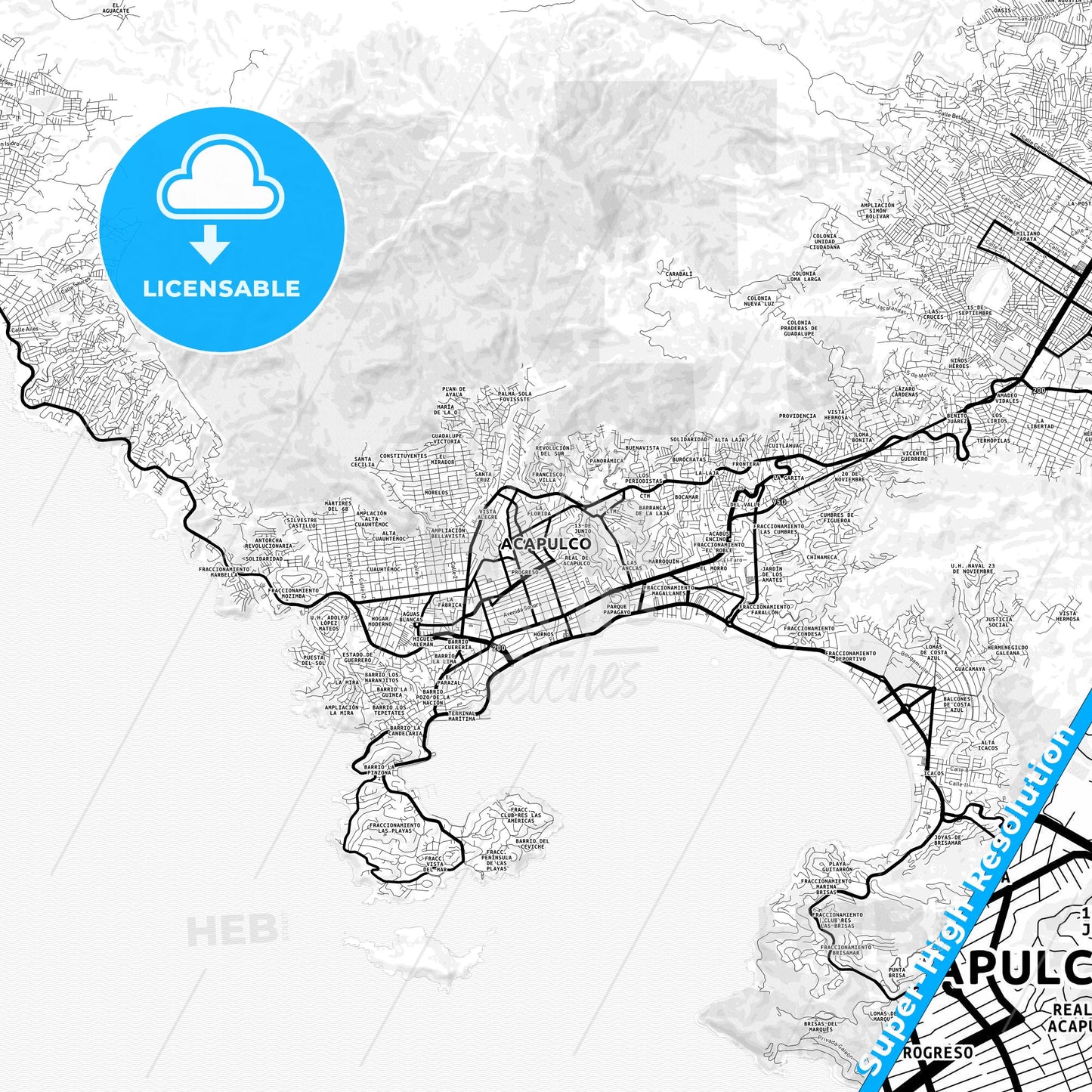 Acapulco, Mexico Light Map with Street Names, City Names, and Districts