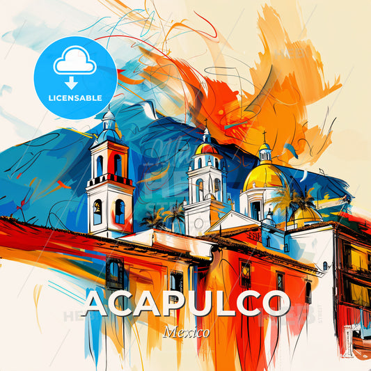 Vibrant Acapulco, Mexico - A Painting Of A Building With A Mountain In The Background - Square format print template