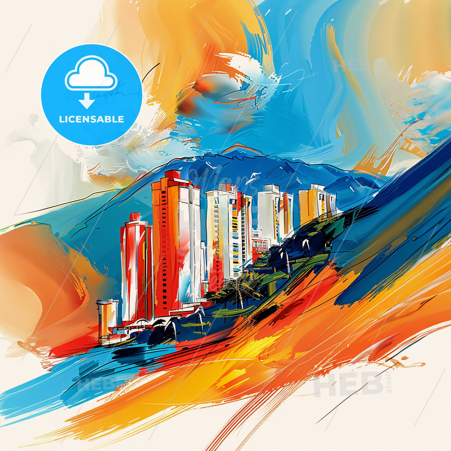 Vibrant Acapulco, Mexico - A Painting Of A Skyline With A Colorful Building