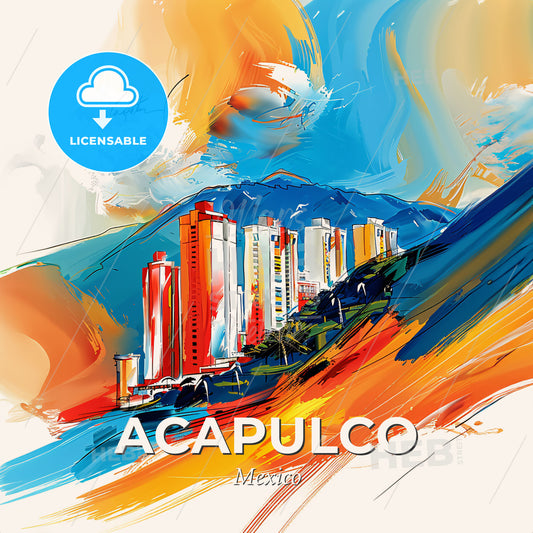 Vibrant Acapulco, Mexico - A Painting Of A Skyline With A Colorful Building - Square format print template