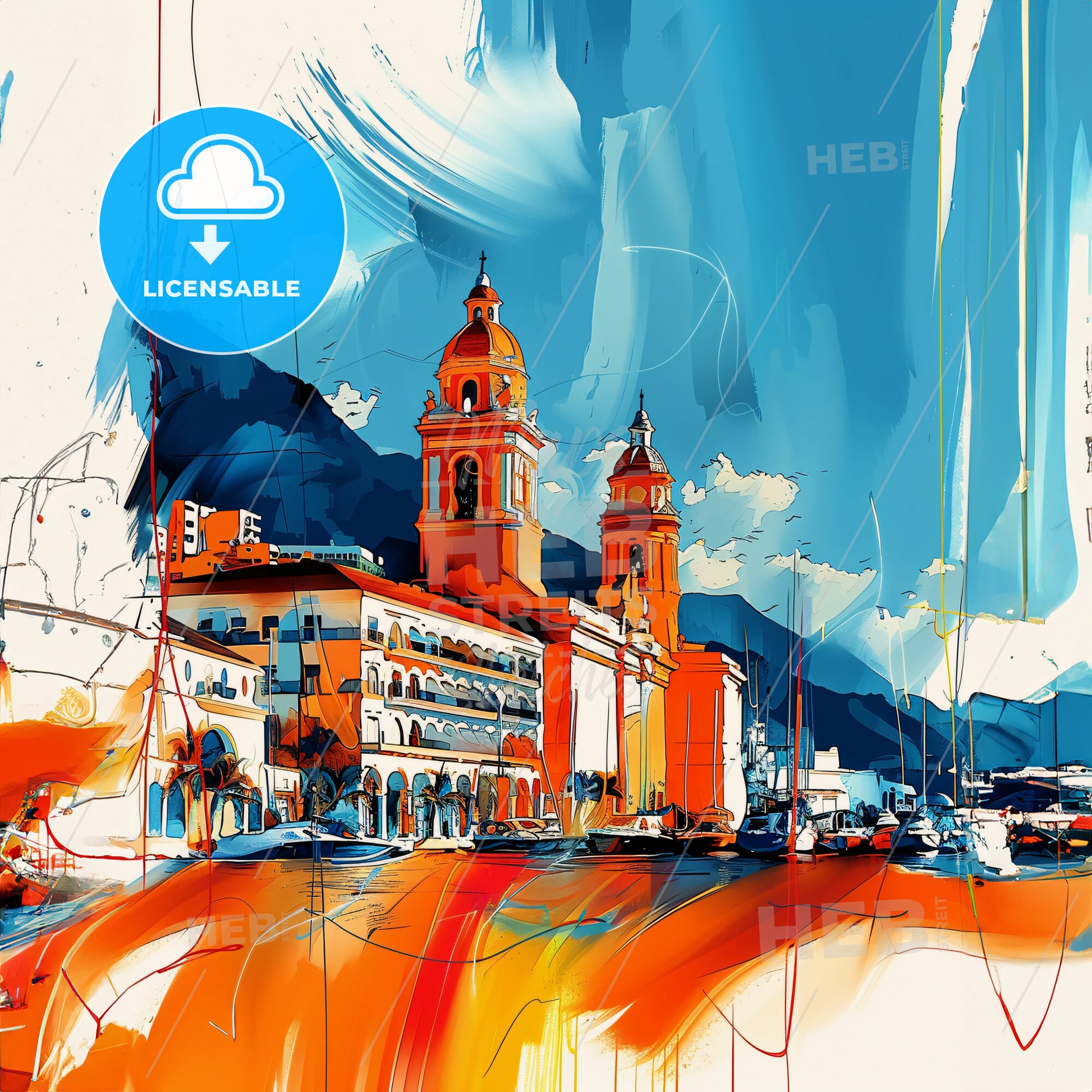 Vibrant Acapulco, Mexico - A Painting Of A Building With A Tower And A Body Of Water