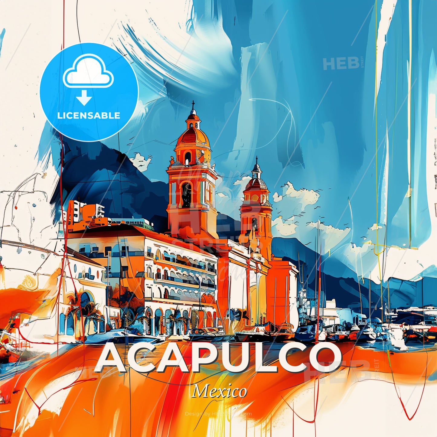 Vibrant Acapulco, Mexico - A Painting Of A Building With A Tower And A Body Of Water - Square format print template