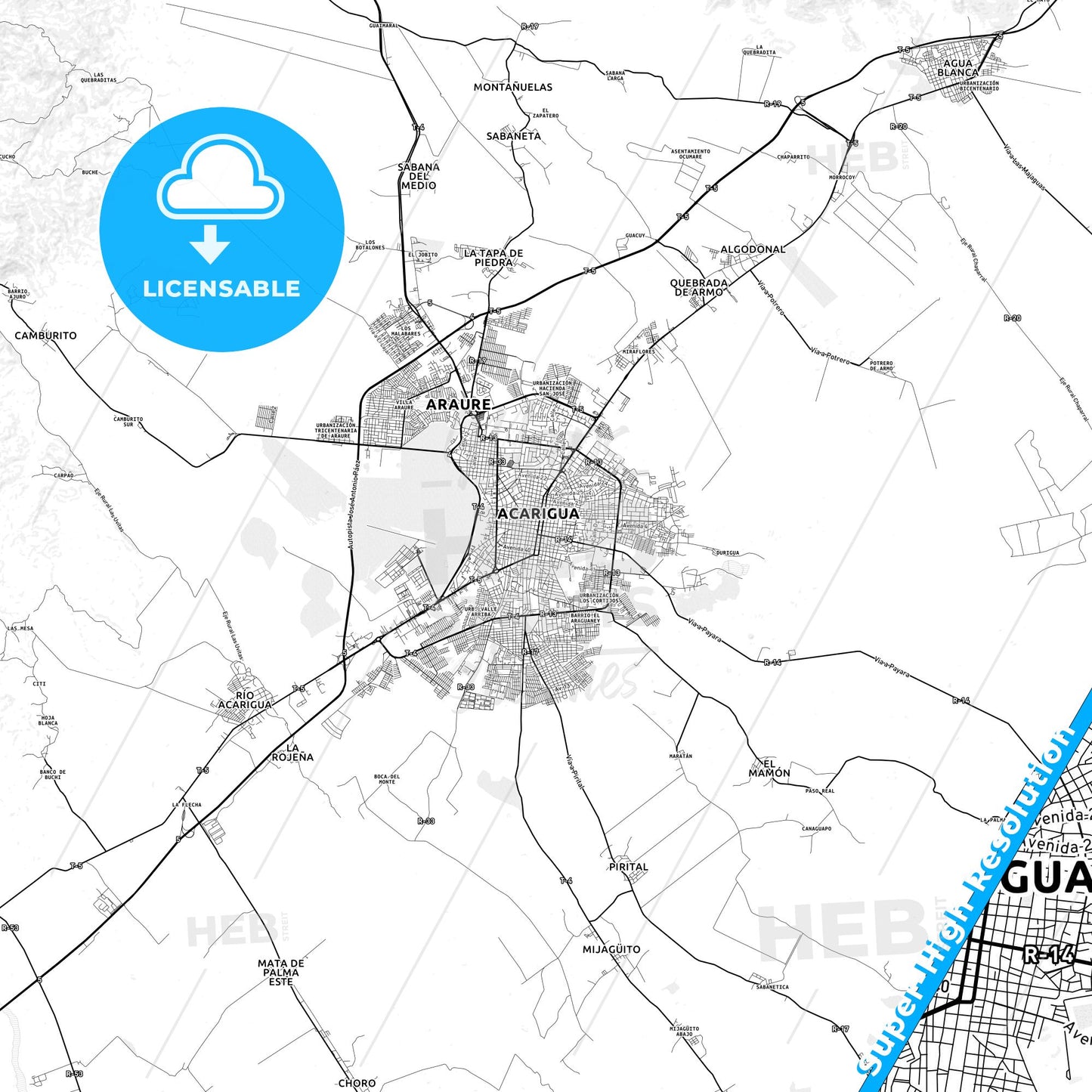 Acarigua, Venezuela light map with streetnames, citynames and districts