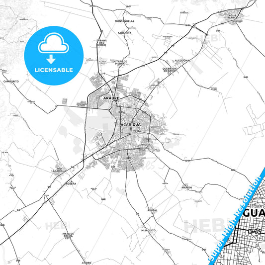 Acarigua, Venezuela light map with streetnames, citynames and districts