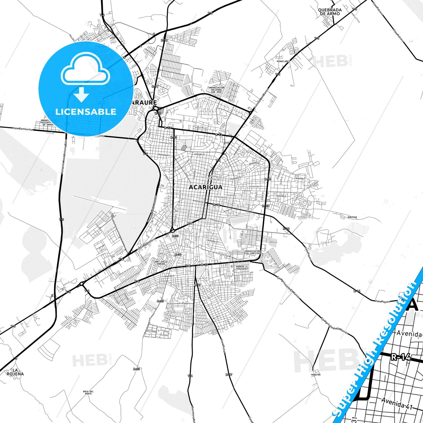 Acarigua, Venezuela Light Map with Street Names, City Names, and Districts